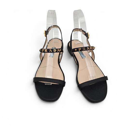 Prada Shoes - Prada Logo Black Leather Flat Ankle Strap Sandal Gold Buckle Size 36.5 6.5
